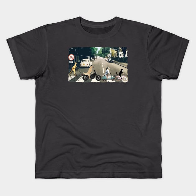 Abbey Road Beatles Spoof Cat and Dogs on Bikes Funny Kids T-Shirt by sketchpets